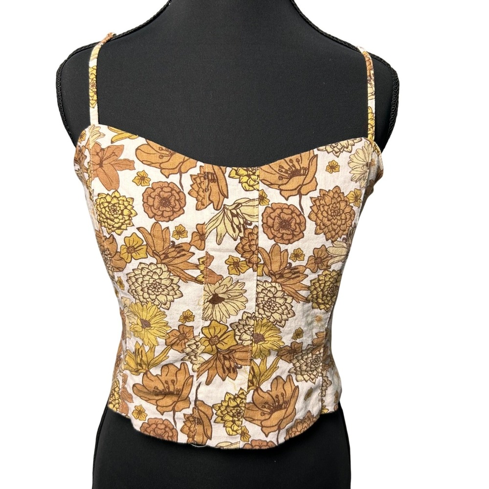 C&C California Floral Corset Maiden‎ Cottage Smocked Back Women 8 Neutral Linen